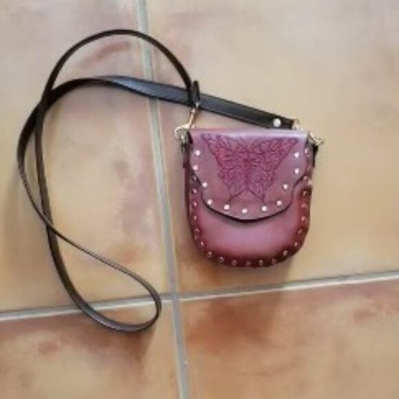 Red Leather Cross Body Handbag with Butterfly Design - Picture 1 of 4
